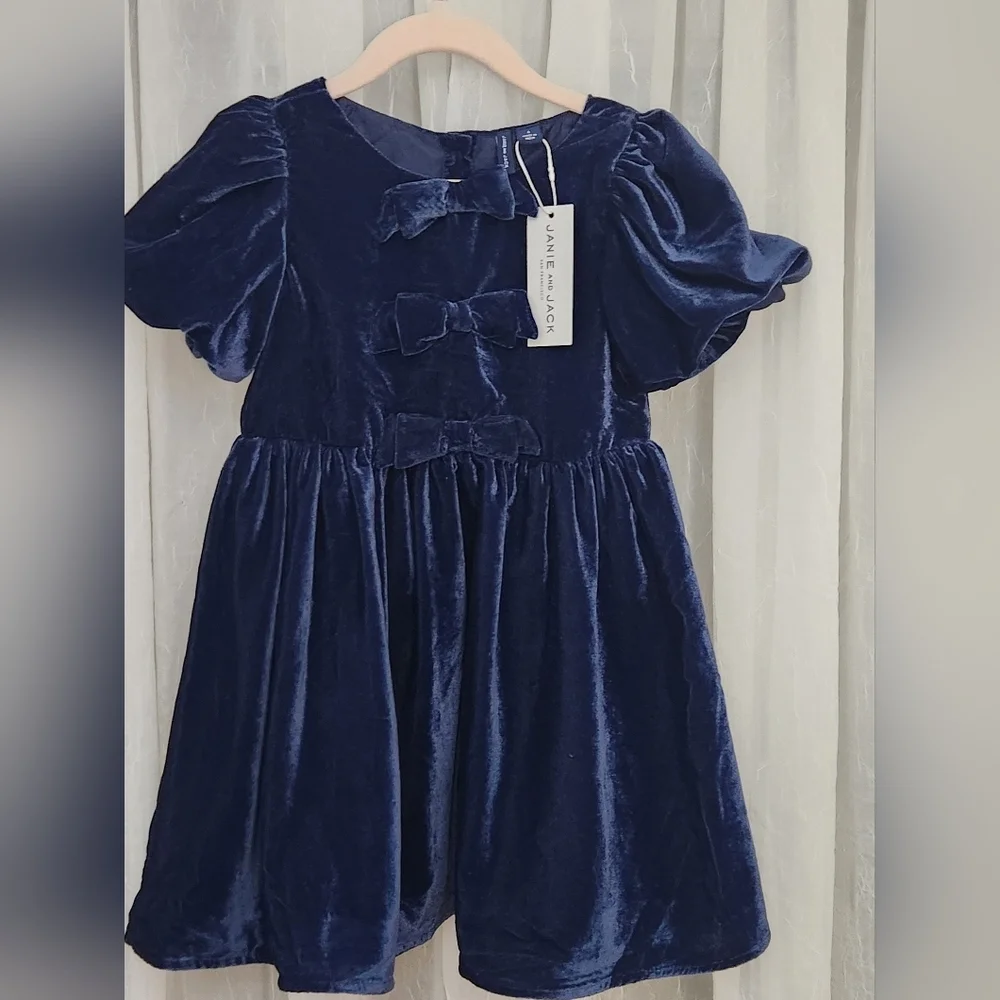 Janie and Jack Navy Blue Velvet Girl's Dress w/ Bubble Short Sleeve, Size 4,NWT